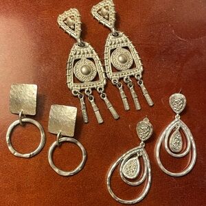 3 Pair Silver Dangle Earrings - Pierced with Unique Designs and rubber backs